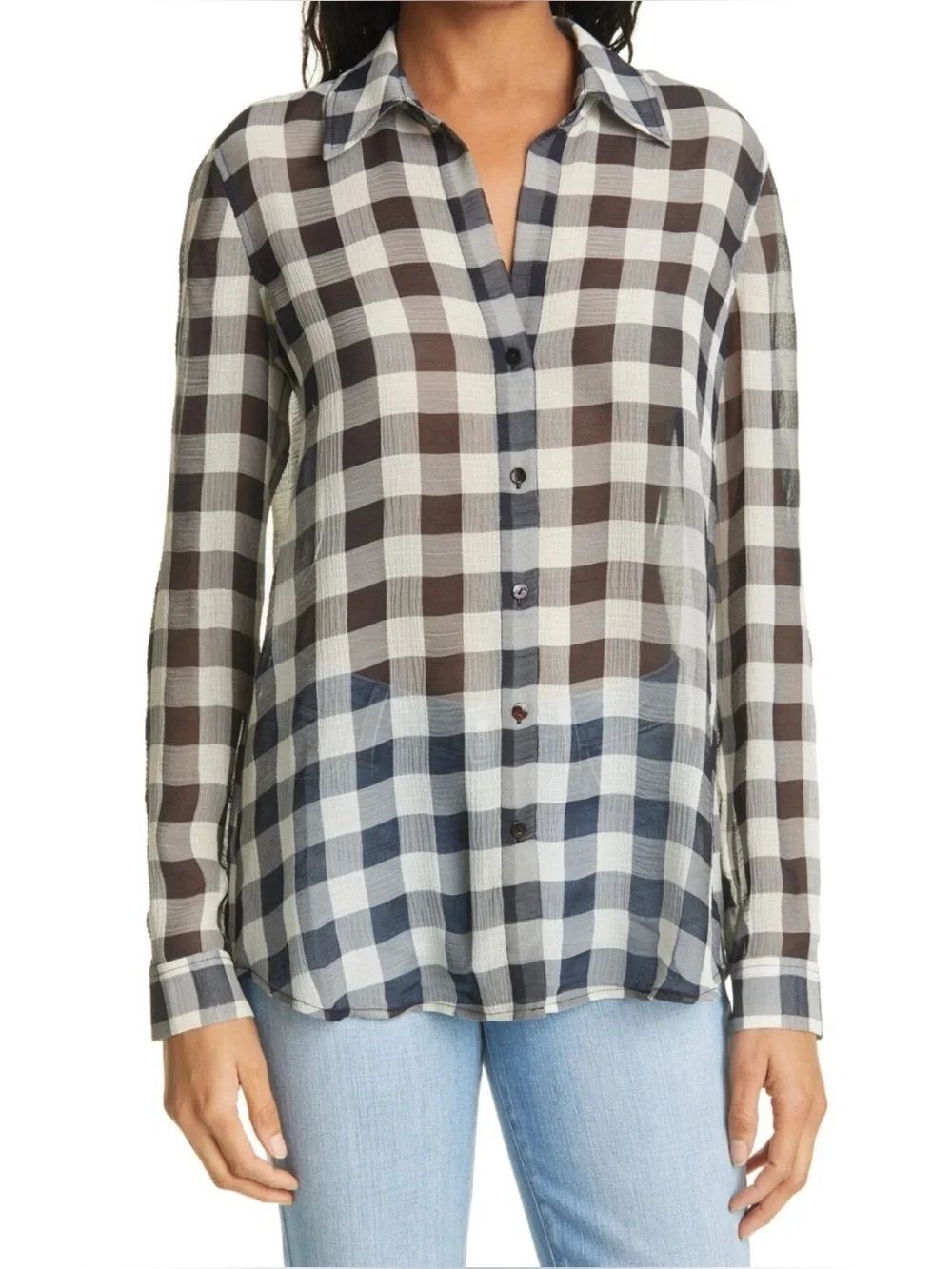 L’AGENCE Argo Buffalo Plaid Button-Down Shirt Black and White Small